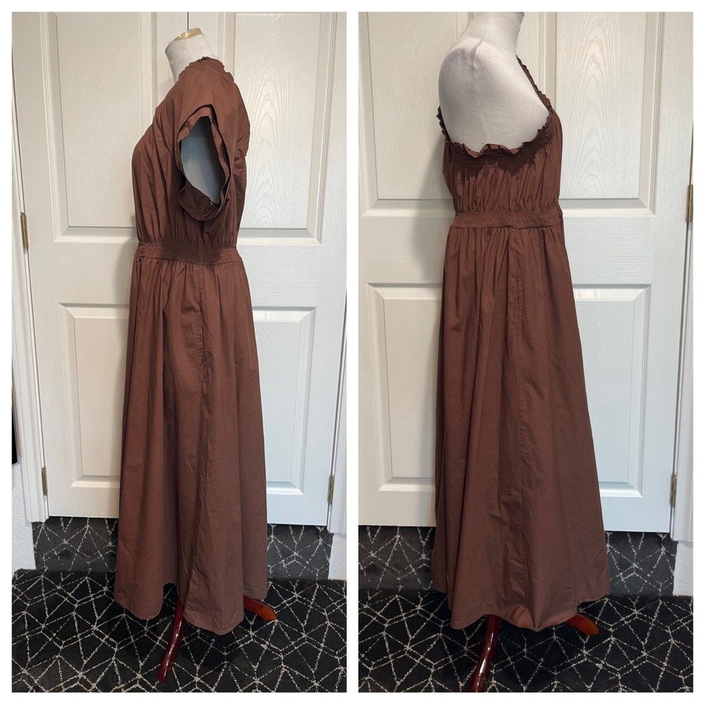J Crew Smocked one-shoulder dress in cotton poplin Roasted Cocoa Brown - Picture 3 of 8